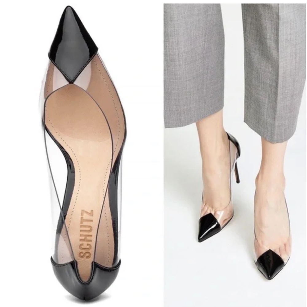 Schutz Size 9 Clear and Black Diamond Garthy Heel from Revolve